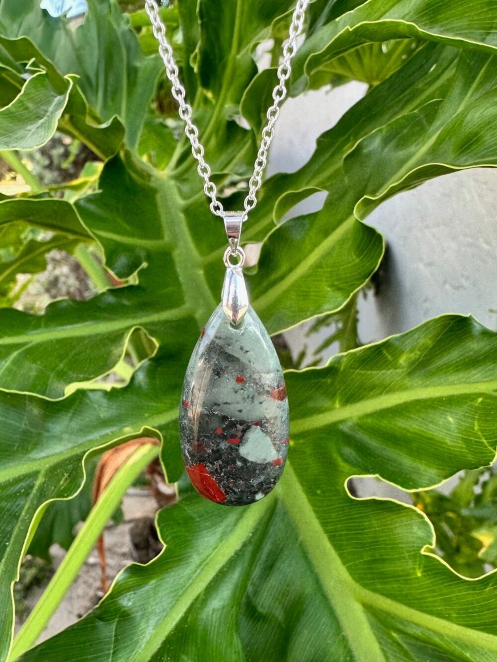 NEW African Bloodstone Teardrop Pendant Necklace